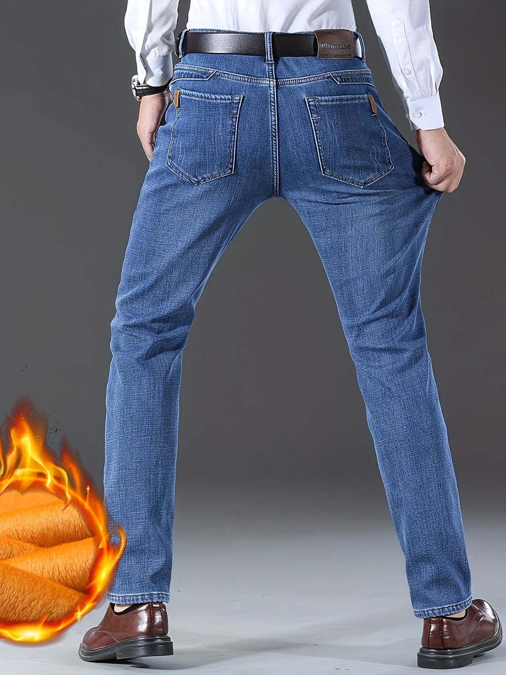 Men's High-Waisted Straight-Leg Winter Jeans - Thickened -Lined Warmth, Washed Denim Texture, Solid Blue Casual Pants for Cold Weather, Cold Weather Apparel - product image 9
