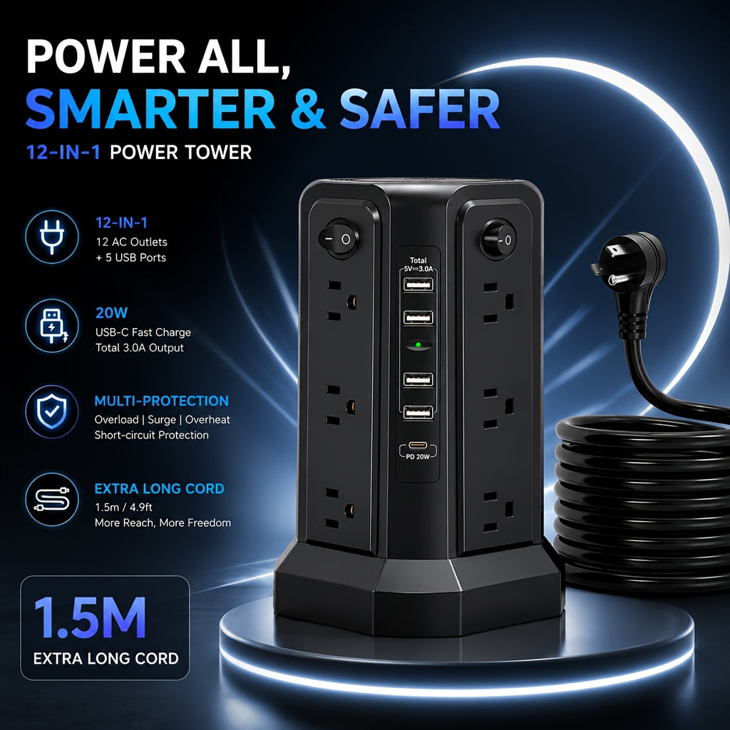 Level 4 Upgraded New Product Flat Plug 16 AC Outlets Power Strip Tower WithUSB/ USB C Port, Surge Protector Power Tower With 5 USB Charging Ports, Extension - product image 4