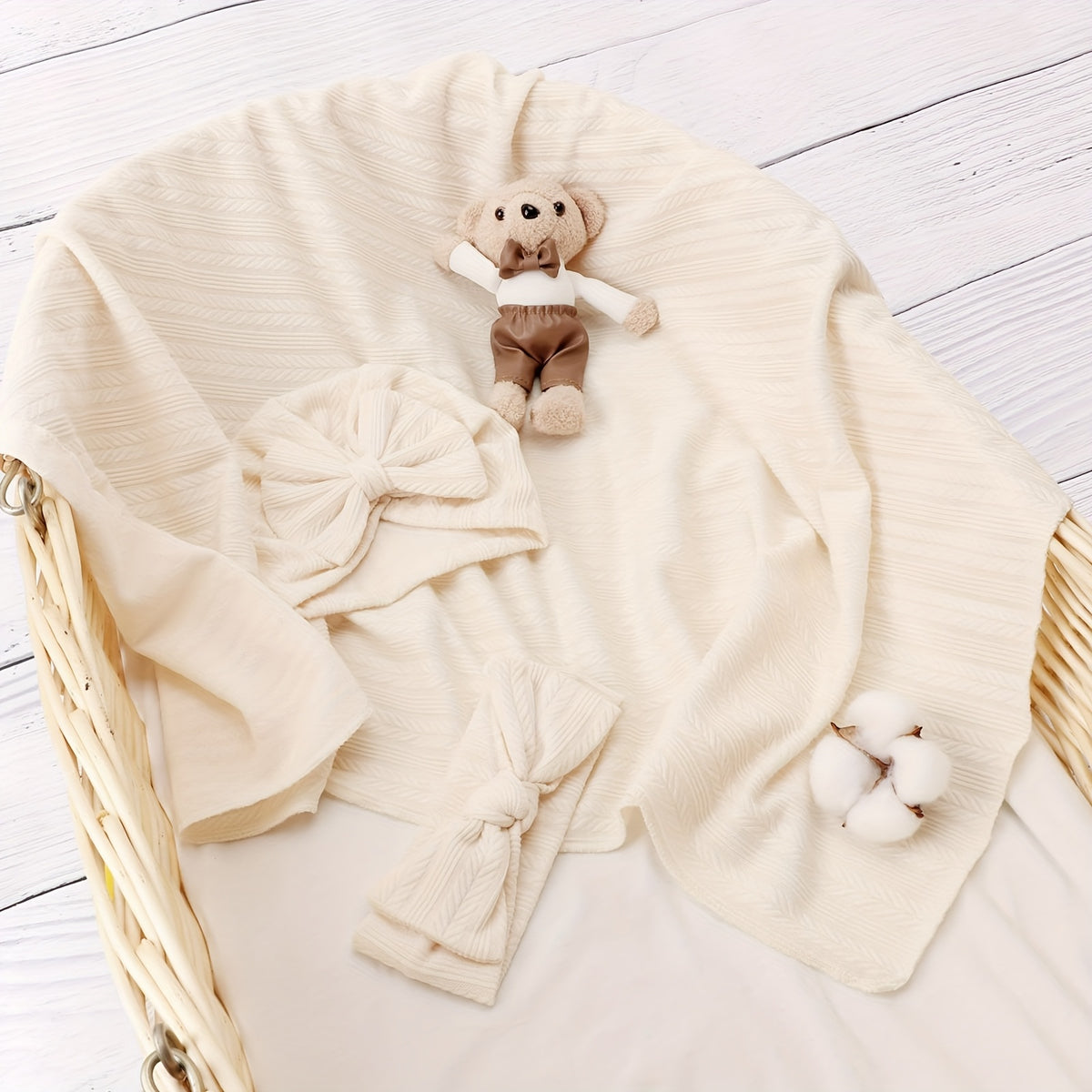 Baby Swaddle Blankets for Girls Boys, 3pcs Newborn Accessories Set with Matching Hat and Bow Headband Soft and Skin-friendly Texture, Suitable for All Four - product image 3