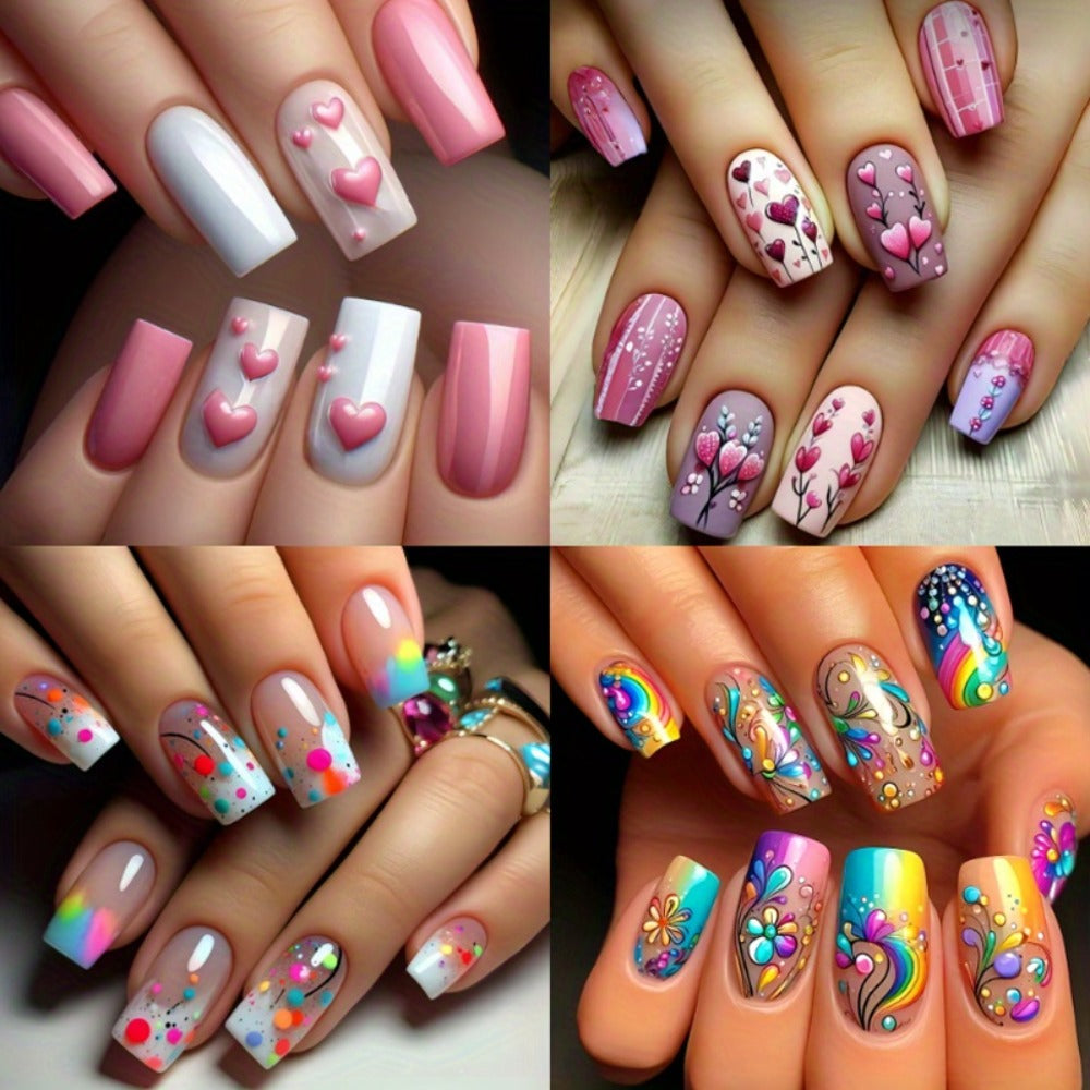 Almond Press On Nails 96 Pieces 4 Packs Sparkling Hearts Glitter Full Cover False Nails for Women Girls – Jelly Adhesive Tabs & Nail File Included | Valentine's Day Romantic Nail A - product image