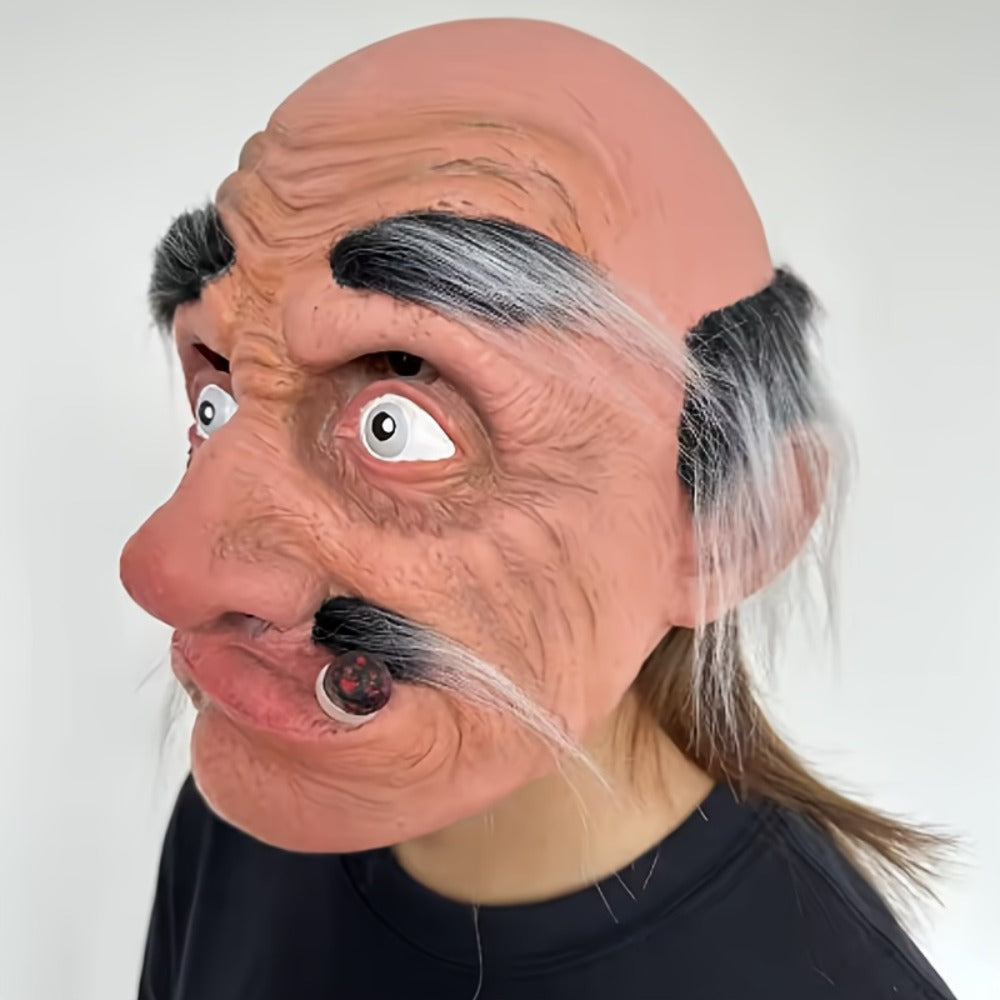 Old Man Grandpa Latex Full Head Mask with Beard | Realistic Smoking Elderly Halloween Costume for Adults Cosplay Theater Pranks Funny Disguise Prop Costume Party