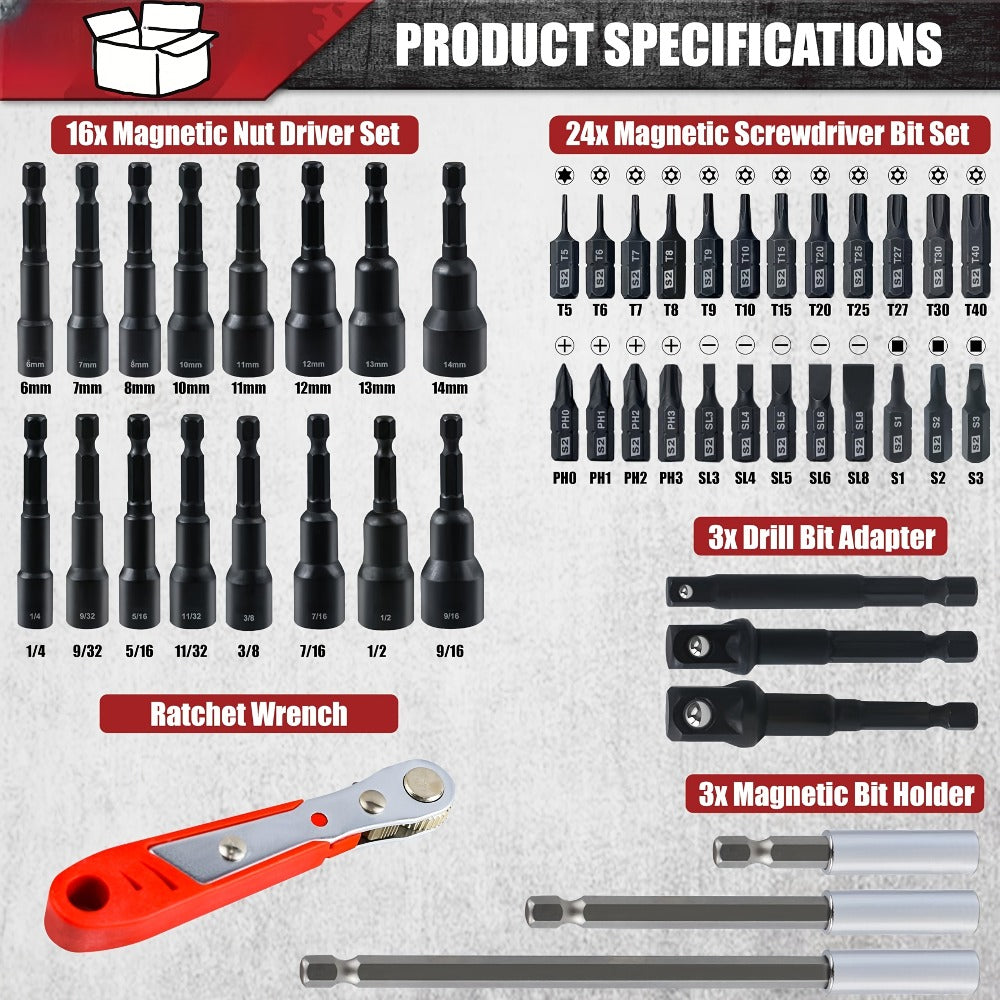 Magnetic Nut Driver Set 47pcs - Magnetic Screwdriver Bits & Socket Set, SAE 1/4"-9/16" & Metric 6-14mm, 1/4" Hex Shank, Strong Magnetism, for Drill & Impact Driver, Home & Professi - product image 3