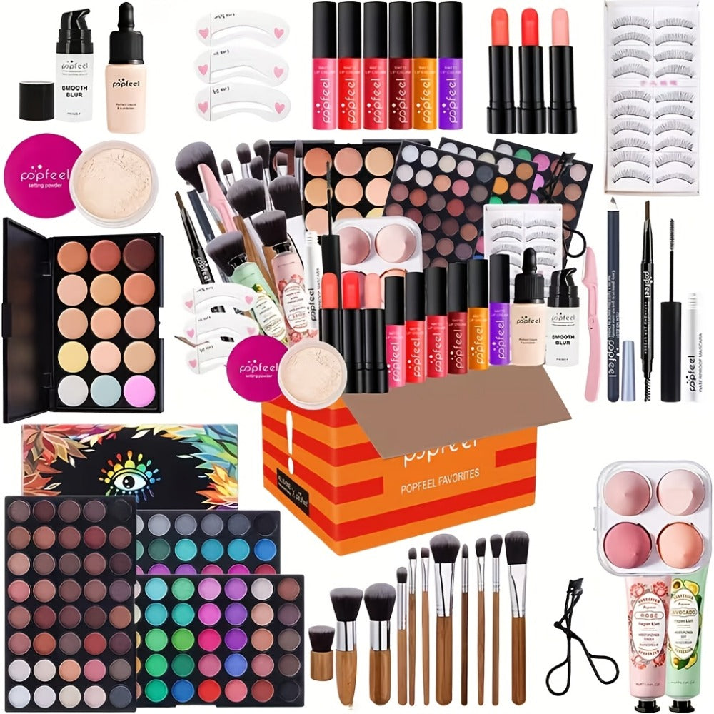 Makeup Gift Set POPFEEL 29-Color Eyeshadow Palette + Mascara + Eyeliner + Brow Pencil + Highlighter Powder + 7-Piece Brush Set | Complete Eye & Face Kit for All Skin Types | Beginn - product image