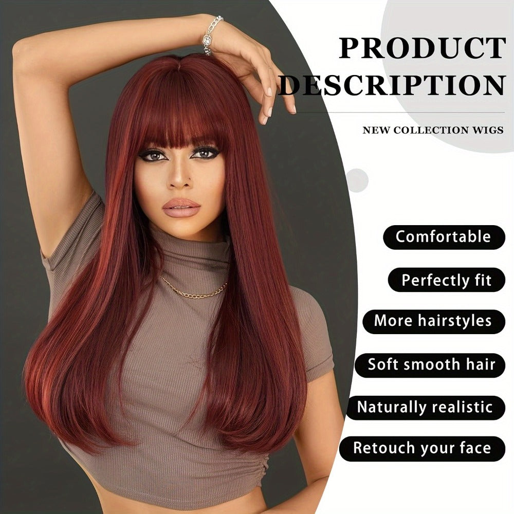 Long Straight Wig with Bangs Burgundy Wine Red 28 Inch Synthetic Heat Resistant Lightweight for Women Daily Wear Holiday Party Cosplay Halloween Natural Look Fashion - product image 6