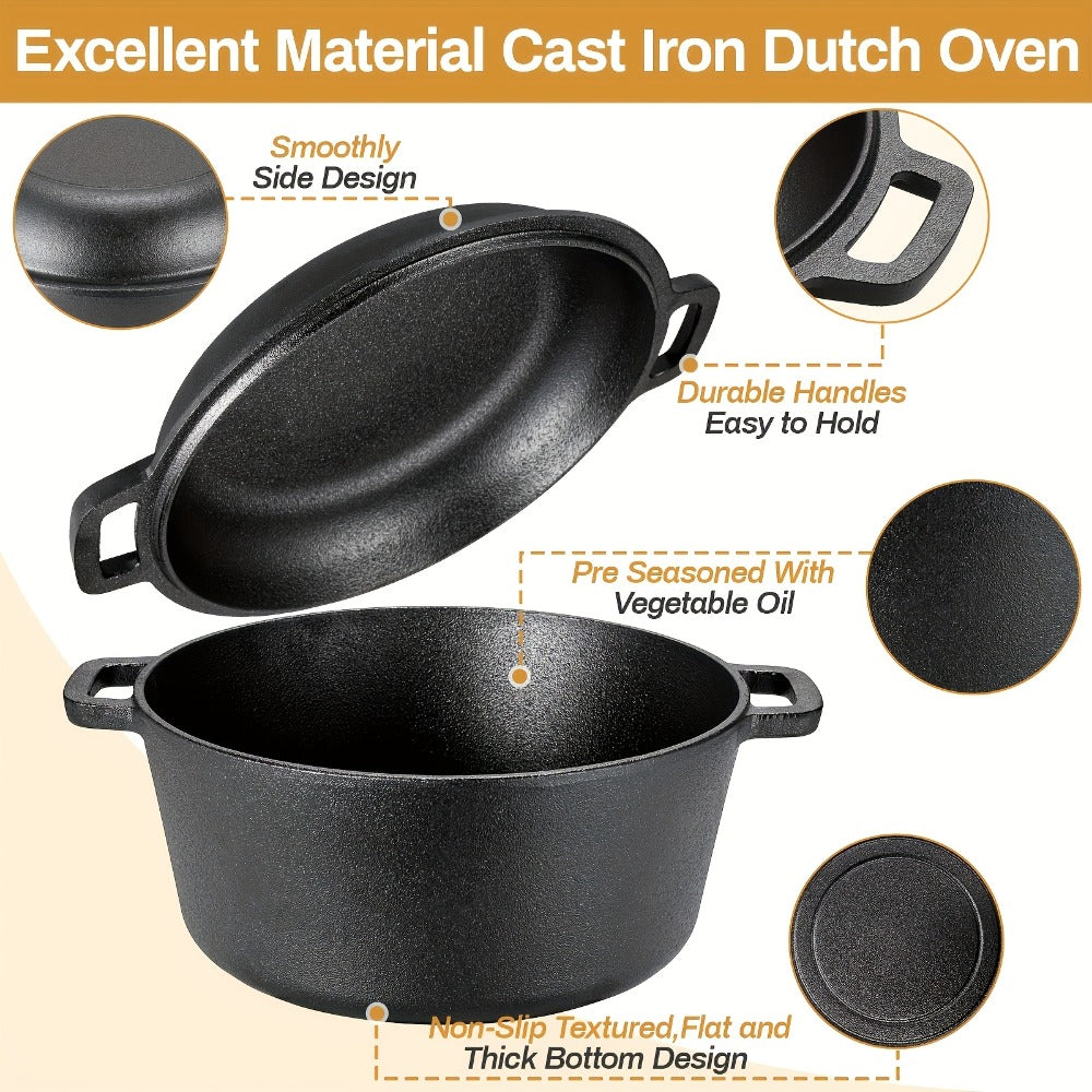 Cast Iron Dutch Oven Set 5.1QT & 7QT with Skillet Lid – Pre-Seasoned 2-in-1 Cookware for Stovetop, Induction, Oven, Campfire & BBQ, Sourdough Bread Baking, Frying, Camping - product image 8