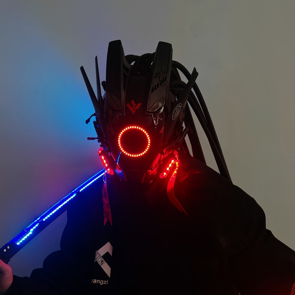Futuristic Sci-Fi Mechanical Face Mask for Halloween, Cosplay, Music Festival & Rave Party, Blue Green Pink, Free Helmet Included, Adult Gift – LED Cyberpunk - product image 15