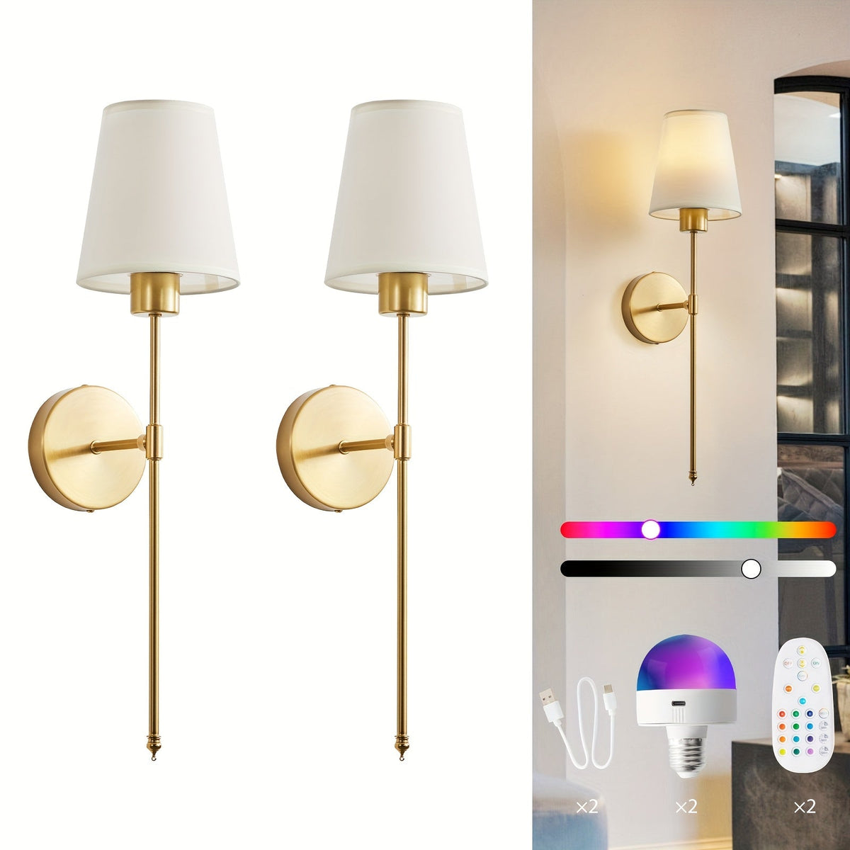 Rechargeable Wall Sconce 2-Pack RGB – 15-Color Dimmable LED Wall Light with Remote Control, 5200mAh Battery, No Wiring for Bedroom, Living Room, Kitchen & Corridor (Gold / Black) - product image 12