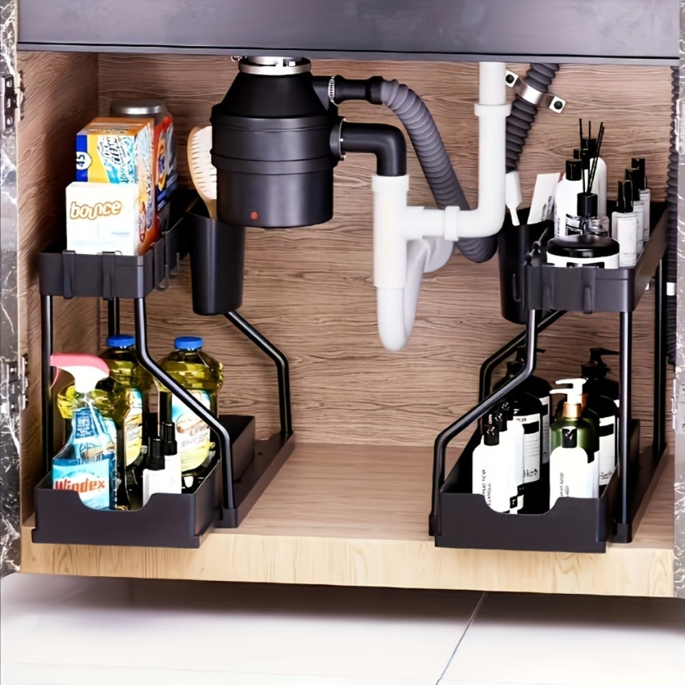 Under Sink Organizer 2-Tier Sliding Cabinet Basket with Hooks – Adjustable Bathroom Kitchen Shelf Storage Rack for Cabinets - product image