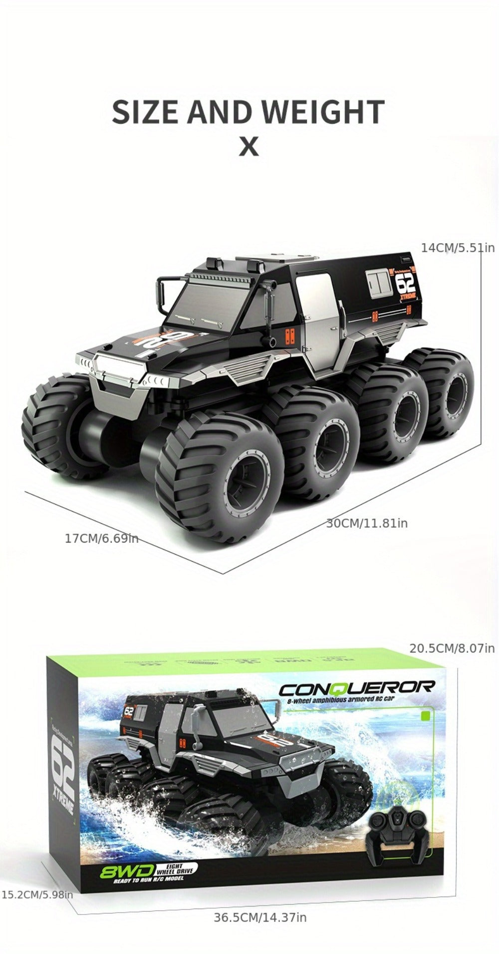 Amphibious RC Truck 8-Wheel Drive 4-Motor Off-Road Climbing Remote Control Armored Vehicle, Oversized All-Terrain Land & Water Military Truck Toy | Epic Gift - product image 11