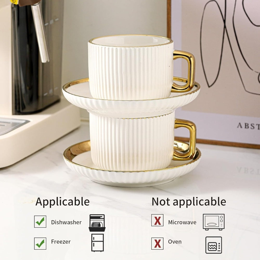 Ceramic Cappuccino Cups with Saucers Set of 6 – 8oz Coffee Mugs with Golden Trim, Latte Art Cups for Espresso Mocha, British Italian Style Café Cups and Saucer Sets for Home Kitche - product image 3