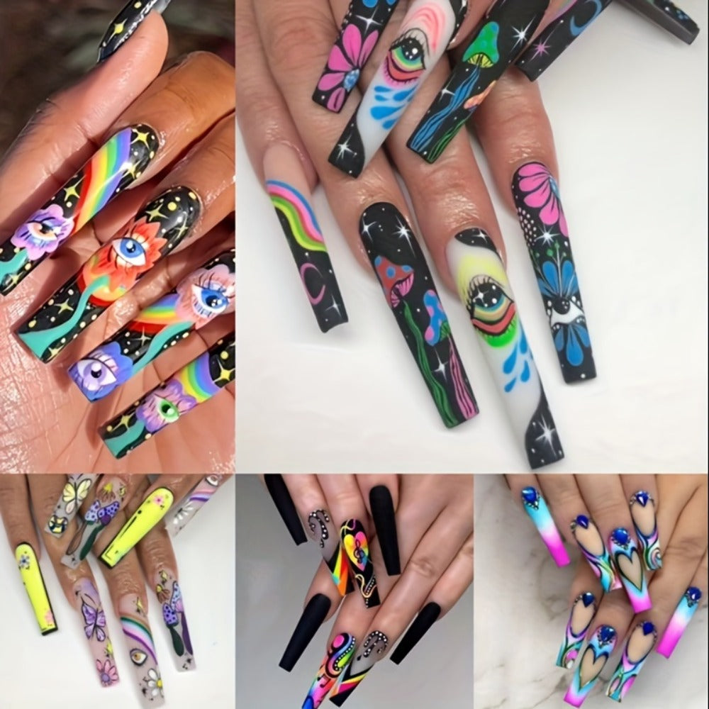 Press On Nails Set 120pcs 5 Boxes Extra Long Cosmic Eyes Crystal Rhinestones Matte Colorful Stripes Floral Glue-On Wearable Nail Art Variety Pack Festive Gift for Women Teens Party - product image 7
