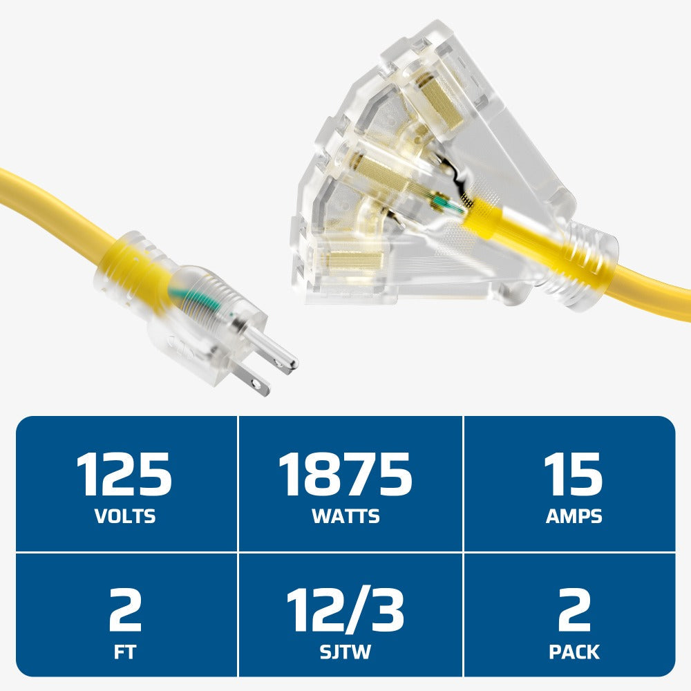 Heavy Duty Extension Cord Splitter Tri-Tap 2-Pack – 15A SJTW Contractor Grade, LED Lighted Plug, 2ft Yellow Jacket for Outdoor & Job Site Use - product image 10