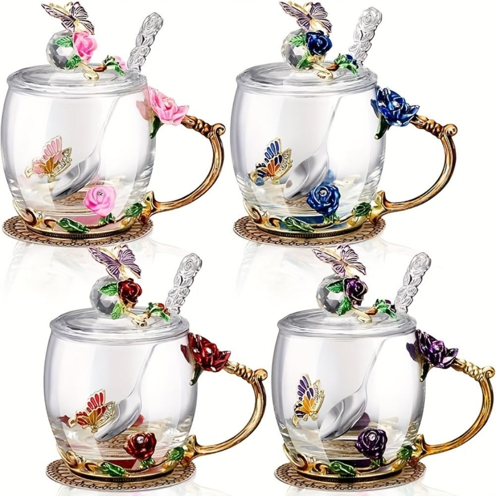 Flower Glass Tea Cups with Lids and Spoon 4 Sets Butterfly Vintage Floral Clear Glass Coffee Mugs 12oz Gift for Women Mom Wife Girlfriend Mother's Day Pink Purple Blue Red - product image 4
