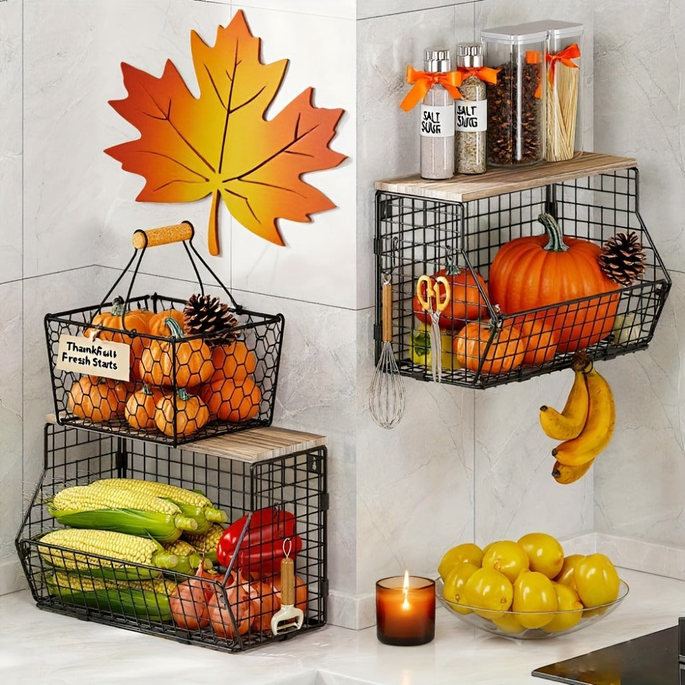 Stackable Metal Wire Fruit Basket with Lid – 1 or 2-Tier Hanging Kitchen Pantry Storage Bin, Wall-Mounted or Countertop Vegetable Organizer for Potato, Onion & Produce, Black - product image
