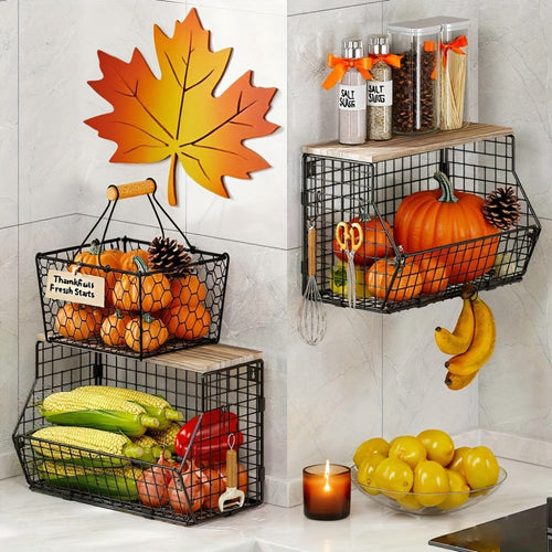 Stackable Metal Wire Fruit Basket with Lid – 1 or 2-Tier Hanging Kitchen Pantry Storage Bin, Wall-Mounted or Countertop Vegetable Organizer for Potato, Onion & Produce, Black - product image