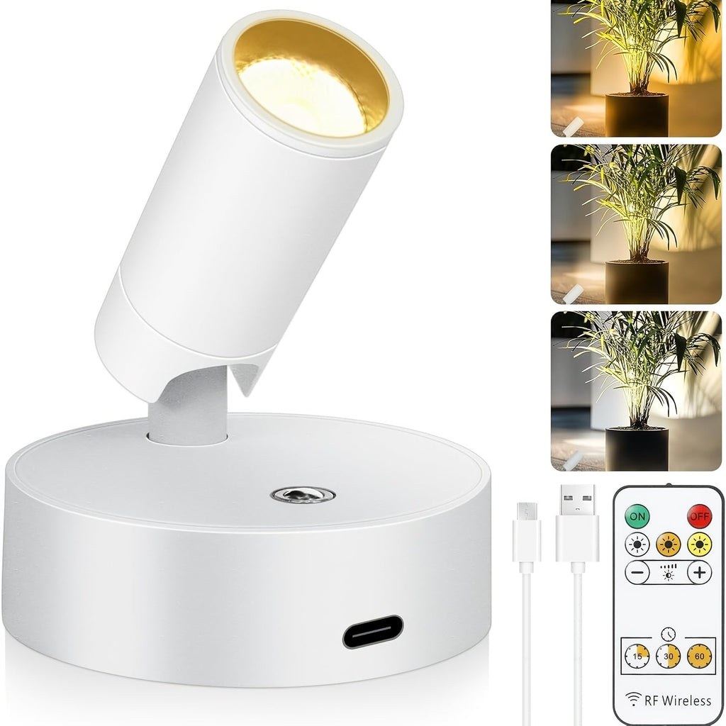Rechargeable Indoor Spotlight LED – 3-Color Dimmable with Remote & Timer, 350° Adjustable, 2500mAh Battery, Magnetic Base Wall Accent Light for Pictures, Plants & Artwork (White /  - product image 15
