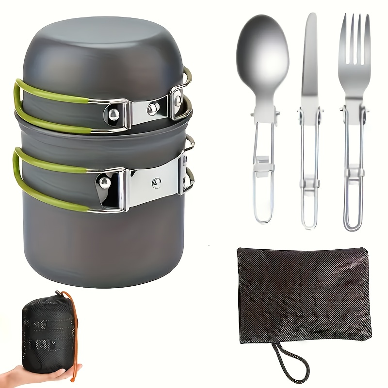 Portable Camping Cookware Set with Double Pot & Utensils | Featherlight Open Fire Cooking Kit with Forks Knives Spoons, Compact Space-Saving Iron Cookware for Outdoor Camping Picnic Travel Adventures