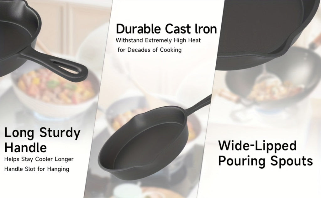 Cast Iron Skillet Set 3pcs - Non-Stick with Drip Spout, Pre-Seasoned Cookware for Holiday Cooking RV Campfire Outdoor Grilling, Heavy Duty Kitchen Frying Pan Set - product image 16