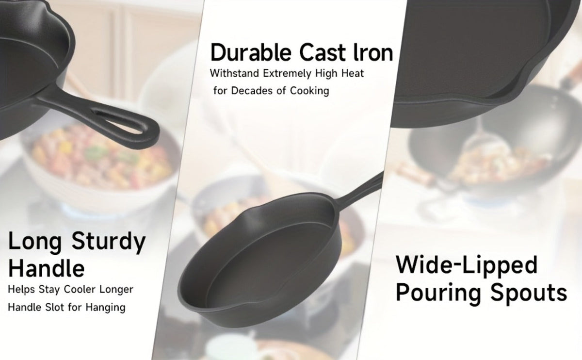 Cast Iron Skillet Set 3pcs - Non-Stick with Drip Spout, Pre-Seasoned Cookware for Holiday Cooking RV Campfire Outdoor Grilling, Heavy Duty Kitchen Frying Pan Set - product image 16