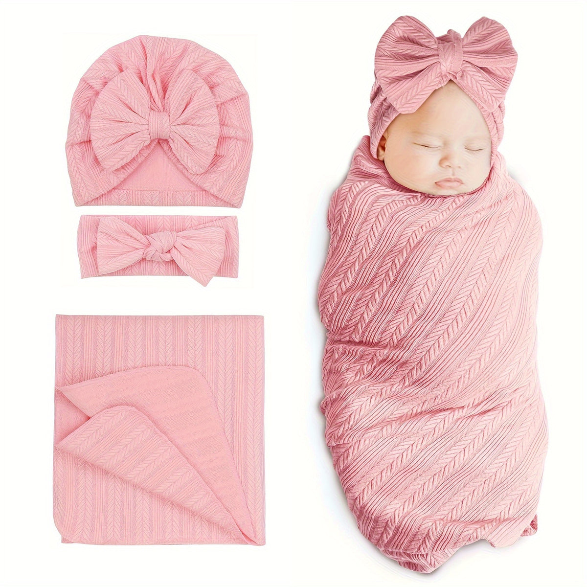 Baby Swaddle Blankets for Girls Boys, 3pcs Newborn Accessories Set with Matching Hat and Bow Headband Soft and Skin-friendly Texture, Suitable for All Four - product image 4
