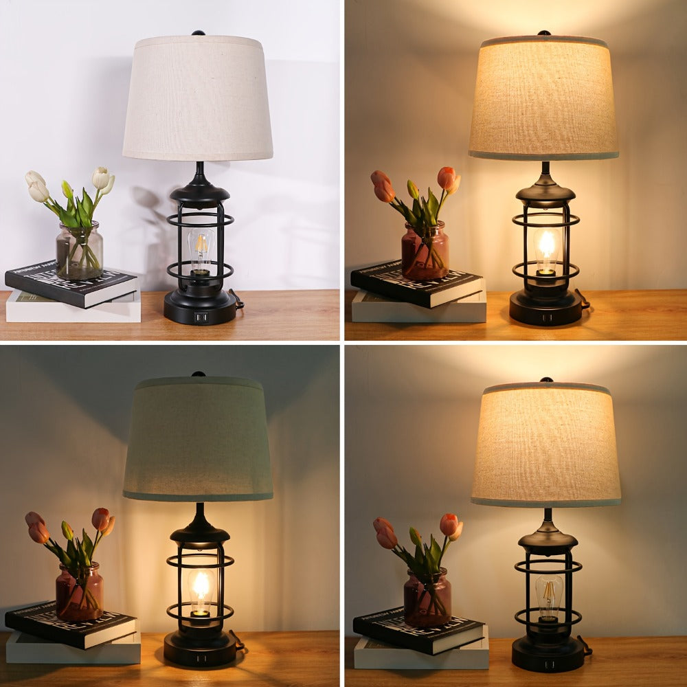 Farmhouse Table Lamps Set of 2 with 4 LED Bulbs | Touch Control 3-Way Dimmable Nightstand Lamp Dual USB Ports Natural Linen Shade Metal Black 22 Inch Bedroom Living Room - product image 6