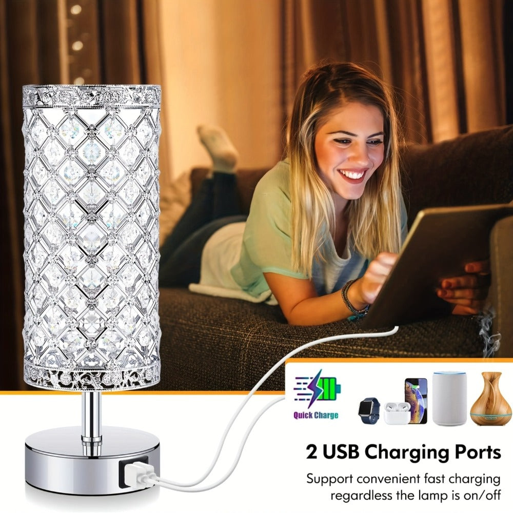 Crystal Bedside Table Lamp with Touch Control & 2 USB Charging Ports, 3-Way Dimmable Nightstand Lamp with Decorative Crystal Base, LED Bulb Included, for Bedroom Living Room Office - product image 10