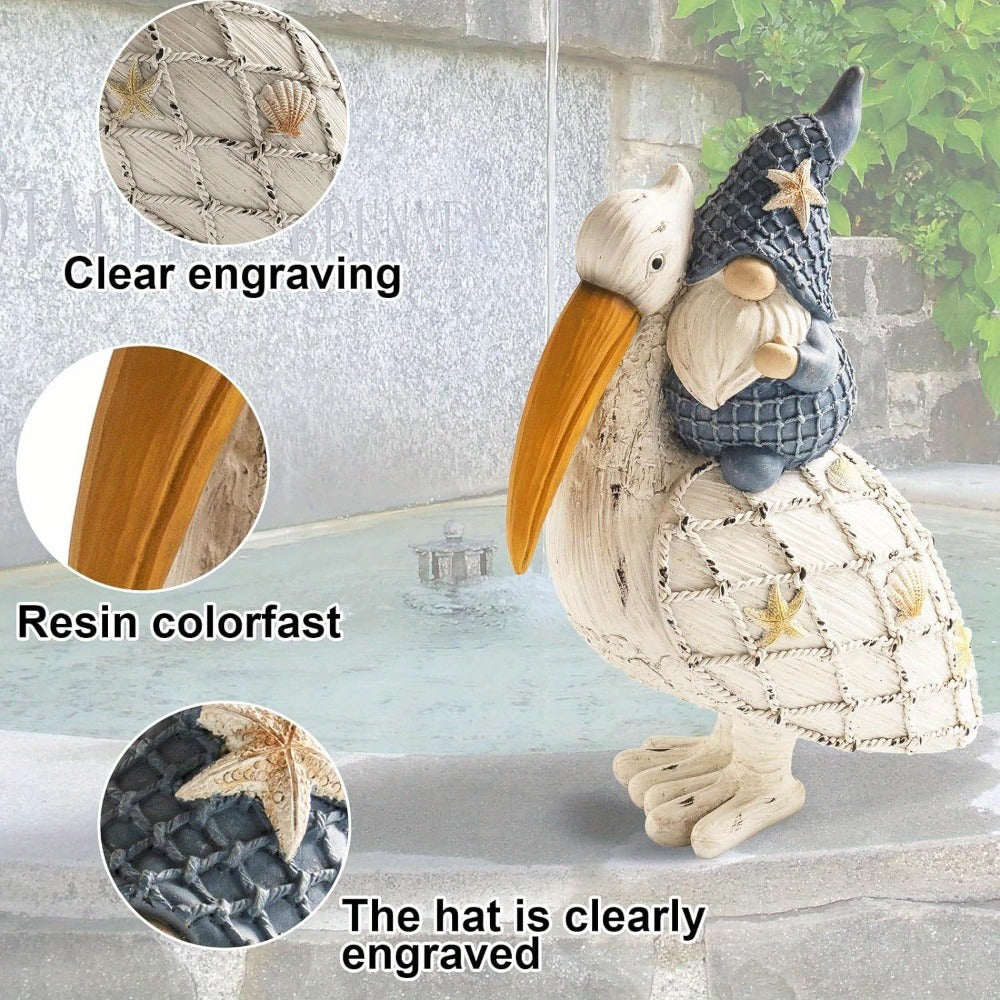 Pelican Gnome Figurine 11.5" – Resin Coastal Beach Decor with Starfish & Seashell, Tabletop Statue for Home, Garden & Poolside – Summer Gift & Nautical Decor - product image 4