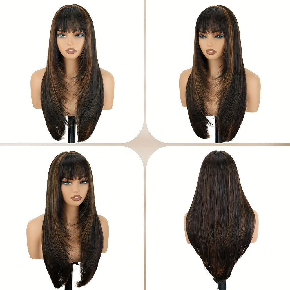 Curtain Bangs Lace Front Wig Synthetic Glueless 26 Inch Long Straight Pre-Bleached Realistic Scalp Natural Hairline 5 Colors Daily Wear Women - product image 9