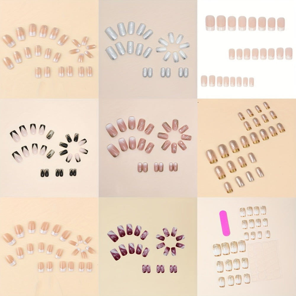 Press On Nails 216 Pieces 9 Boxes Soft Gel Short Square Full Cover Fake Nails Kit – French White Gradient Glitter Heart Matte False Nail Set for Women Girls - product image 3