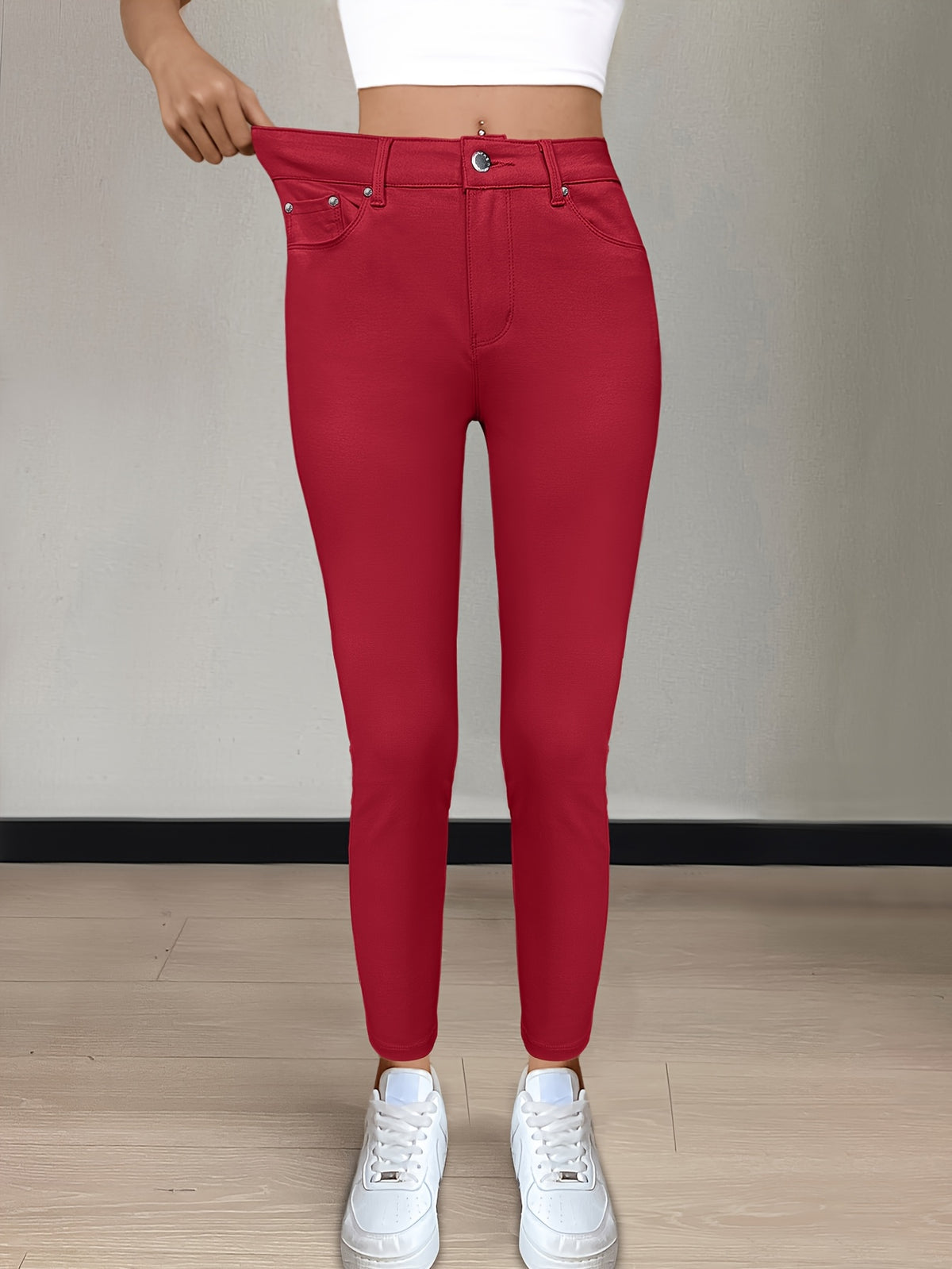 CY038 Full-Length Black High-Waist Skinny Jeans - Stretchy Fabric, Button Decor, Five Pockets, Long Style, Solid Color, Weekend Casual Streetwear - Ideal for - product image 13
