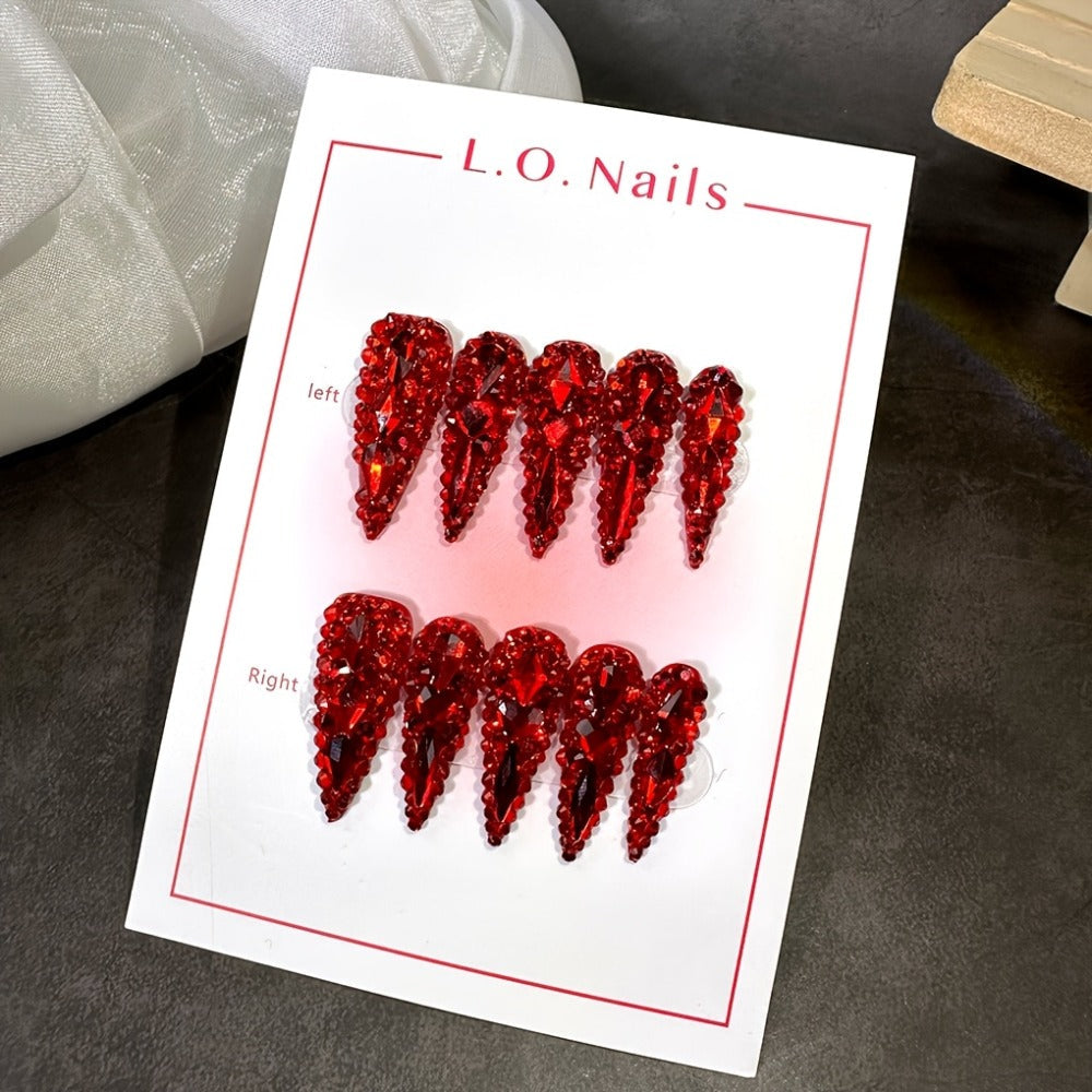 Long Press On Nails Water Drop Shape 10pcs 1.3 Inch Y2K Big Red Glass Glitter Luxury Handmade Reusable Salon Quality Spring Summer Wedding Party Birthday Gift Fake Nails S M L Size - product image 7