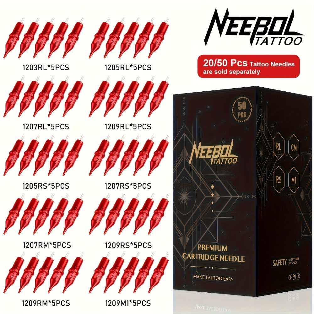 Assorted Tattoo Cartridge Needles Set 20/50pcs - Round Liner Shader Curved Mag Mixed Pack, #10 Bugpin #12 Standard, 3RL 5RL 7RL 9RL 11RL 5RS 7RS 9RS 7RM 9RM 9M1 for Rotary Pen & Co - product image
