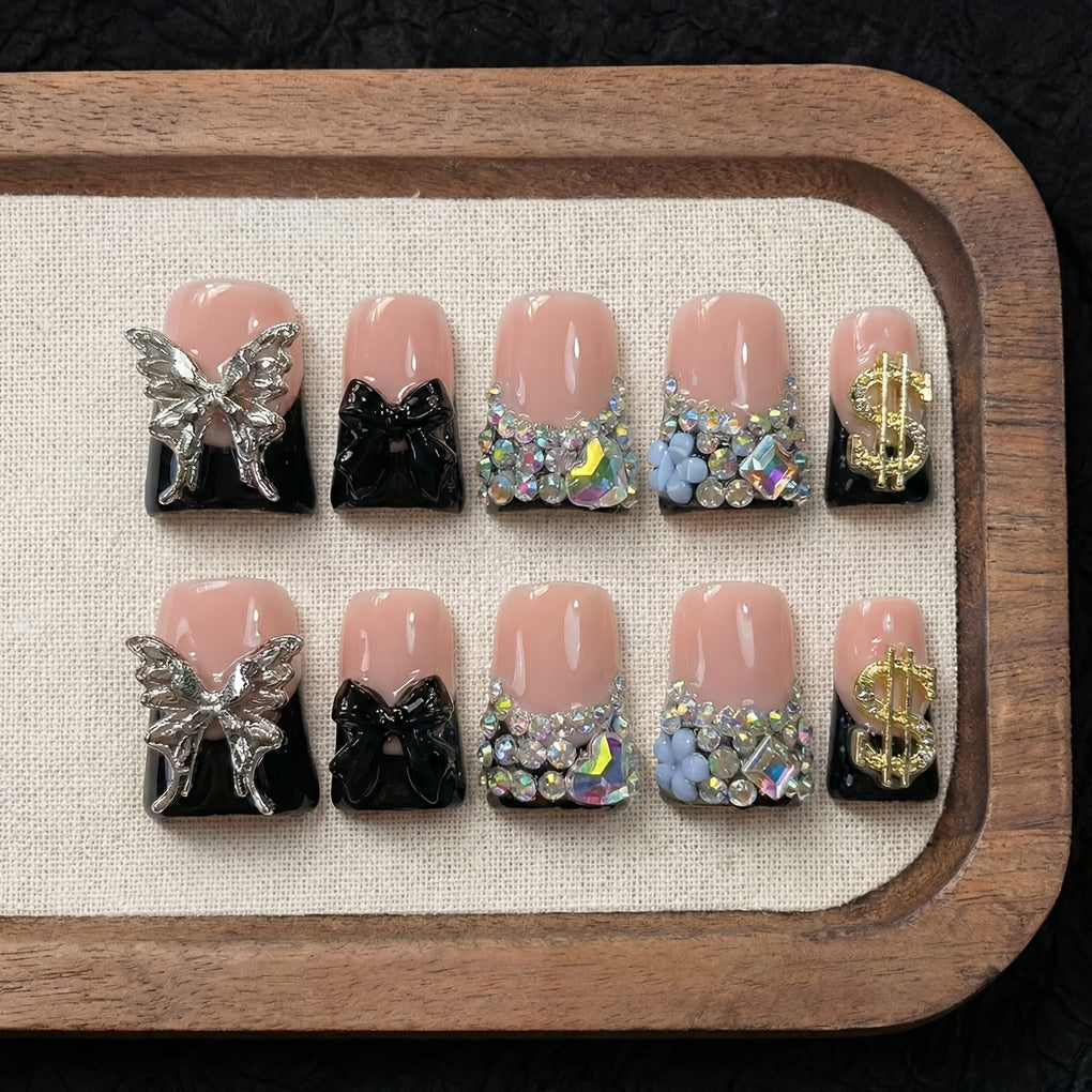 Black Nude Duckbill Press On Nails Medium Length – Glitter AB Rhinestone & Liquid Metal Butterfly Colorblock Handcrafted Acrylic Nail Set for Parties, Date Night & Daily Wear, 10pc - product image 12