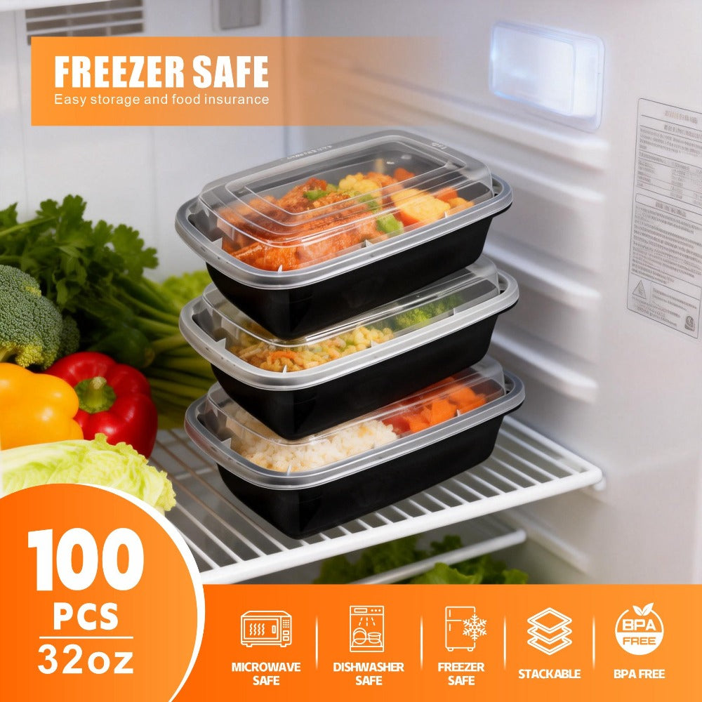 Meal Prep Containers 32oz 100 Pack – Black Stackable Leakproof Food Storage Set (50 Containers + 50 Lids), BPA-Free, Microwave & Dishwasher Safe, for Food Truck, Catering, Office L - product image 6