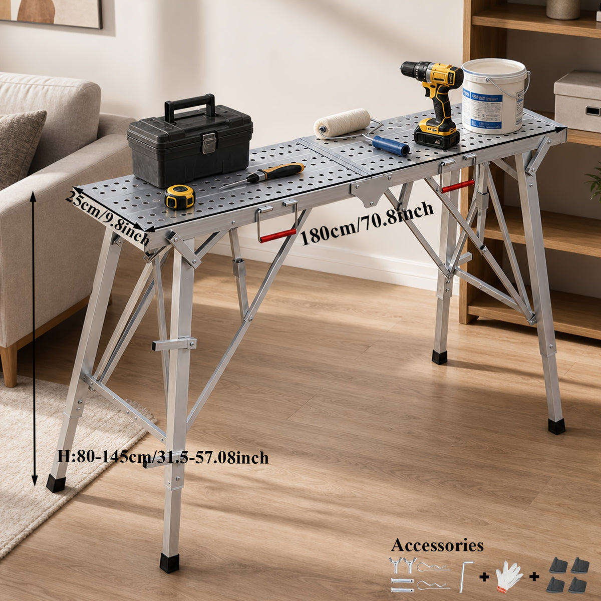 Portable Foldable Workbench with Adjustable Height & Wide Base - Scaffolding Work Platform, Heavy-Duty Foldable, Railing Suitable for Home Renovation, RV - product image 11