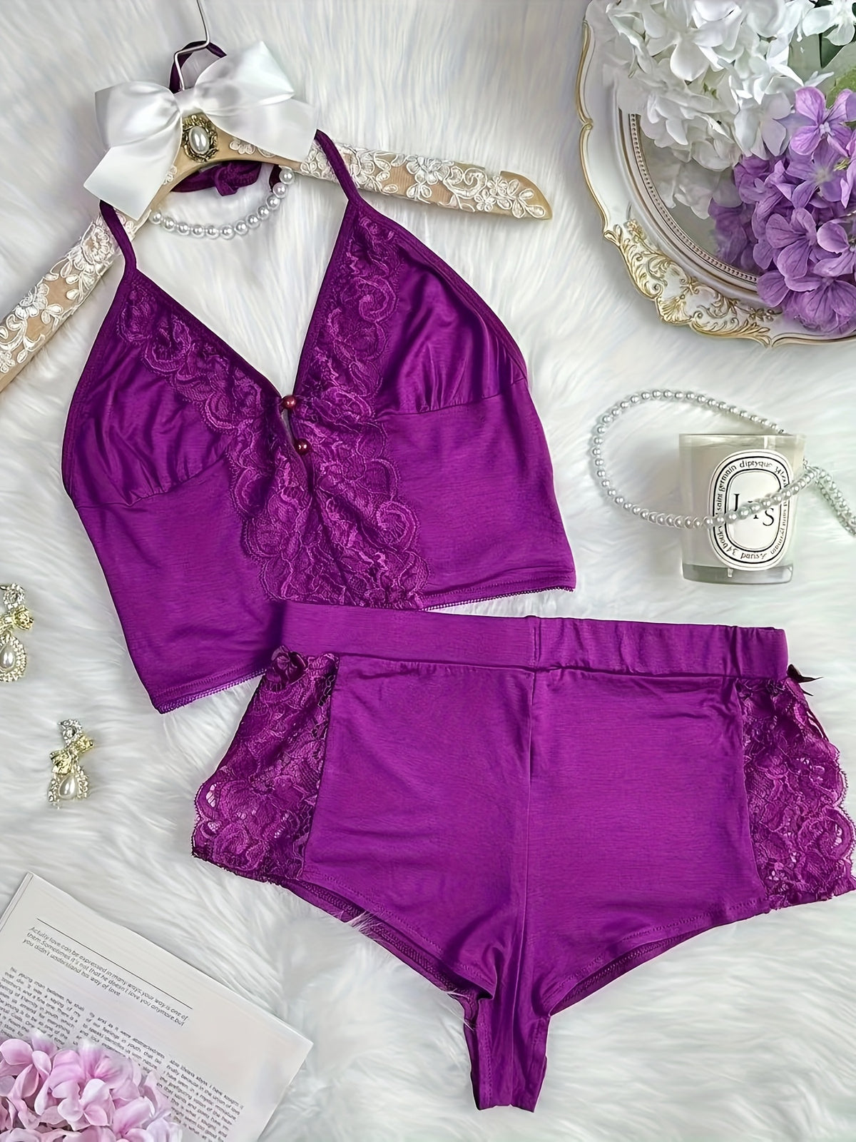 Solid Color Lace Splicing Halter Neck Tie Backless Button Splicing Bilateral Side Opening Lace Splicing Soft -friendly Sexy Home Pajamas Set - product image 14