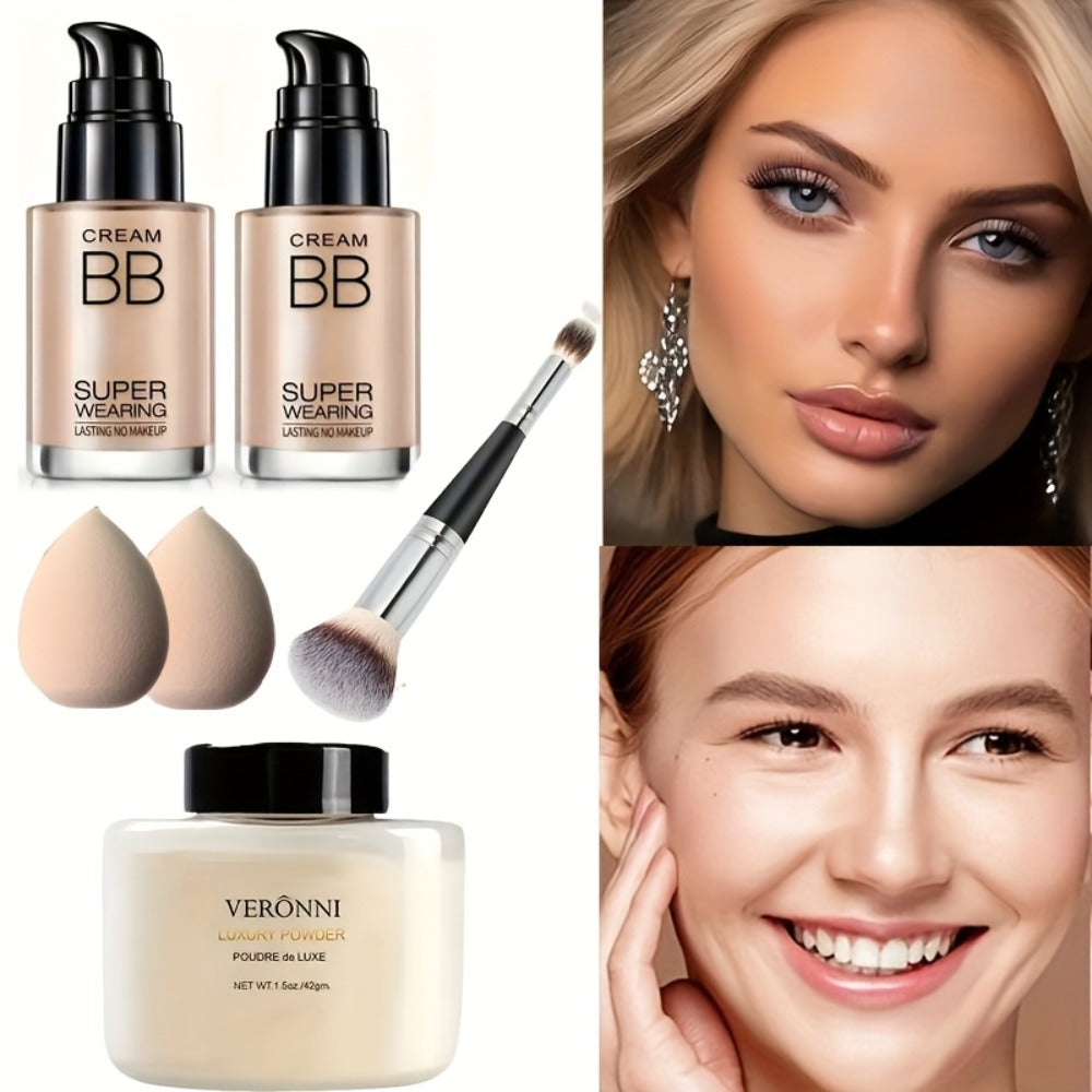 BB Cream Setting Powder Set 2 Pcs with Tools Moisturizing Concealer Oil Free Matte Long Lasting Face Makeup for Women Light Natural Skin Tone Birthday Holiday Gift - product image 4
