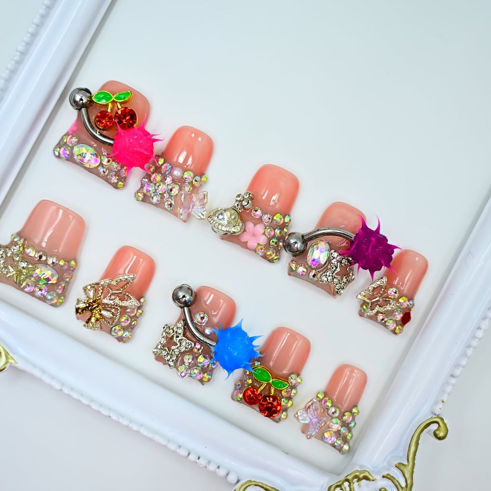 Y2K Duckbill Press On Nails Handmade 3D Charm – Nightmare Eye Barbell Rhinestone Strobe Gradient Star False Nails for Women Girls | Edgy Festival Party Nail Art | S M L Sizes Pink  - product image 19