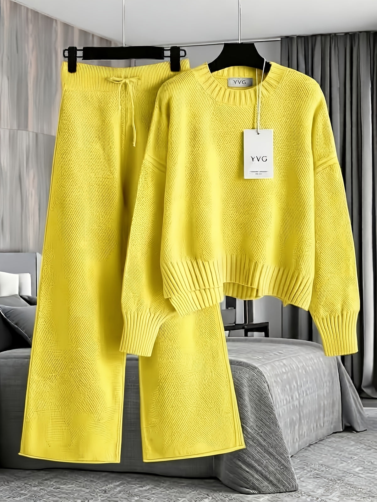 Authentic - Women's Early Autumn Comfortable and Breathable Waffle Texture Two-Piece Set: Round Neck Shoulder- Long Sleeve Hoodie, High-Waist Wide-Leg - product image 46