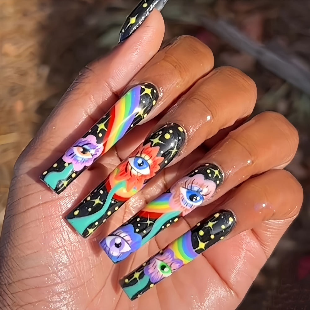 Press On Nails Set 120pcs 5 Boxes Extra Long Cosmic Eyes Crystal Rhinestones Matte Colorful Stripes Floral Glue-On Wearable Nail Art Variety Pack Festive Gift for Women Teens Party - product image 11