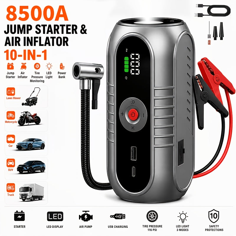 5-in-1/10IN1 Portable Car Battery Jump Starter With Tire Inflator 12V Fast Start, Battery Boost, USB I/O, LED Emergency Light, Reliable Power - product image 4