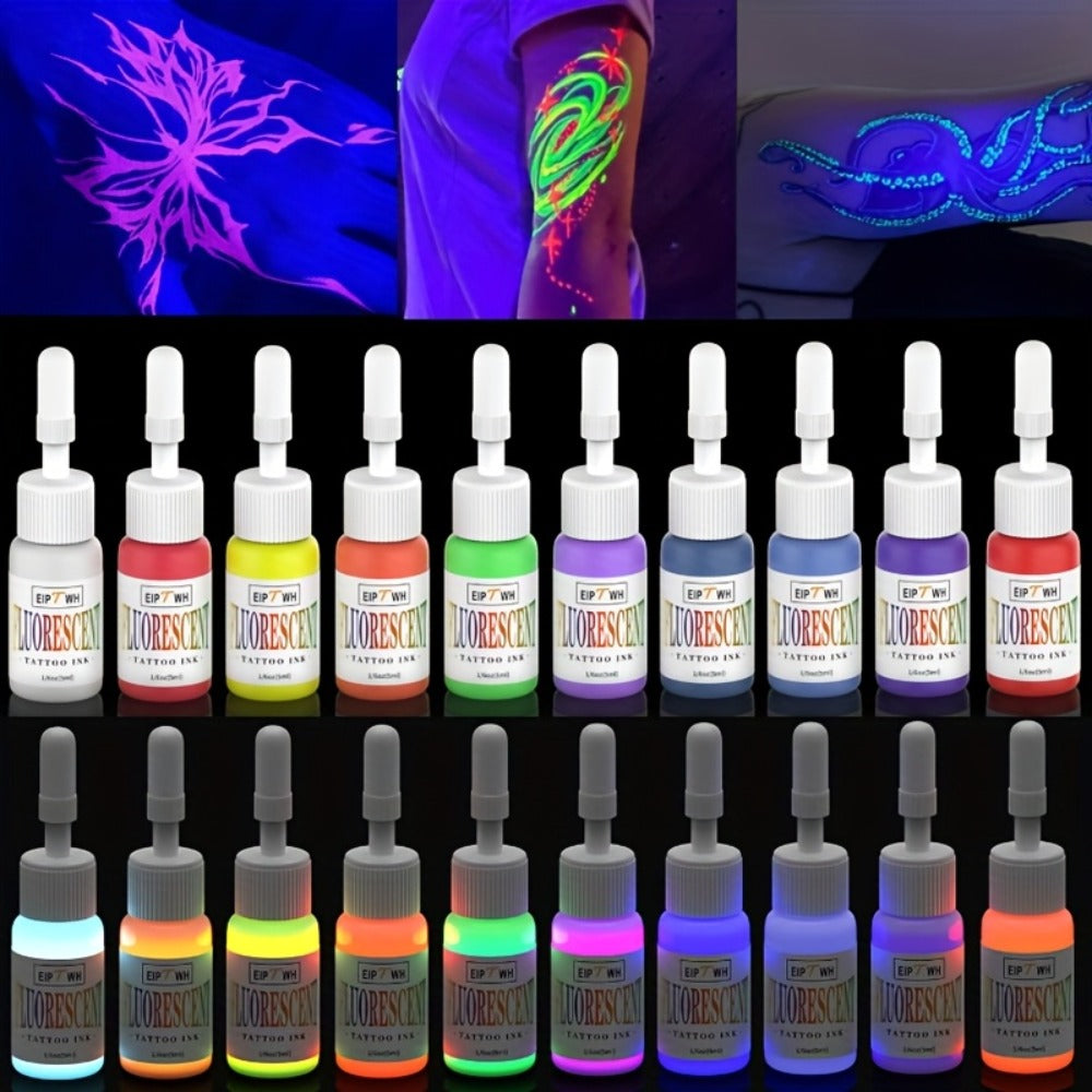 UV Tattoo Ink Set 10 Colors Fluorescent Neon Glow Blacklight Reactive Light-Reactive Long-Lasting Ink Bottles for Tattoo Artists Body Art Festival & Rave Events - product image