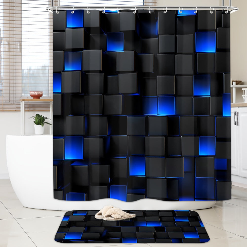 Shower Curtain Set with 12 Hooks & Toilet Seat Cover, 4-Piece Bathroom Set Dark Blue Geometric Abstract Cube Pattern, Modern Waterproof Bath Curtain Set for Bathroom Decor - product image 2