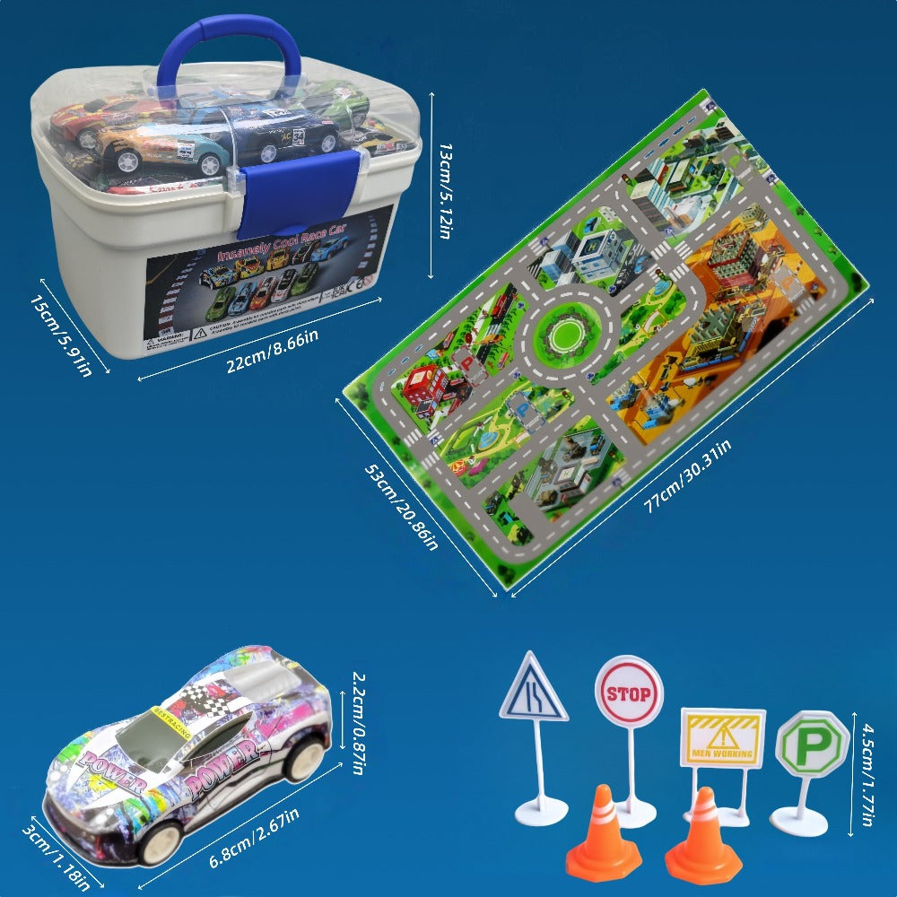 56 Mini Die-Cast Vehicles for Kids Boys Girls Ages 3+, Party Favors Birthday Christmas Gift – 64 Pcs Pull Back Toy Car Set with City Map, Traffic Signs - product image 2