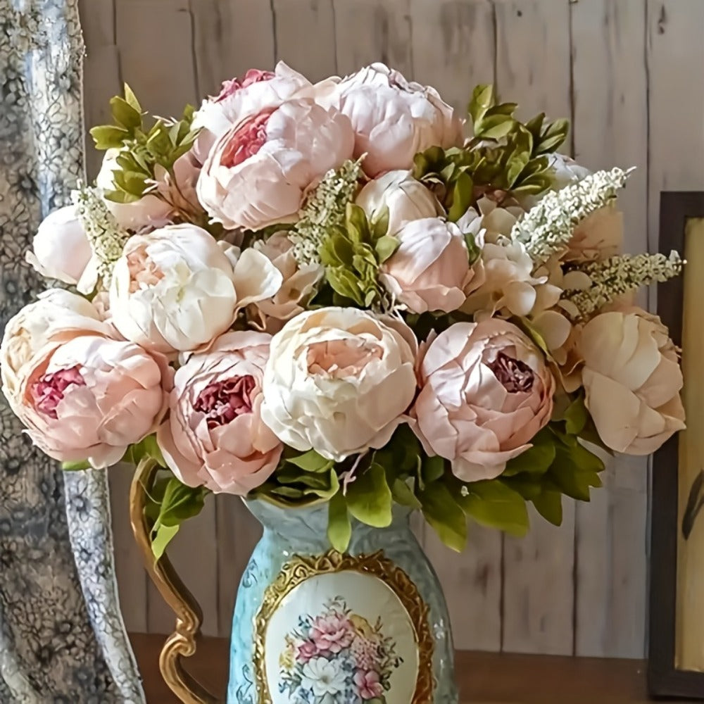 Faux Peonies Hydrangeas Artificial Flowers Vintage Silk Bouquet - Pink Green Mix Floral Centerpiece for Bridal Wedding Home Table Decor Rustic Farmhouse Arrangement - product image 13