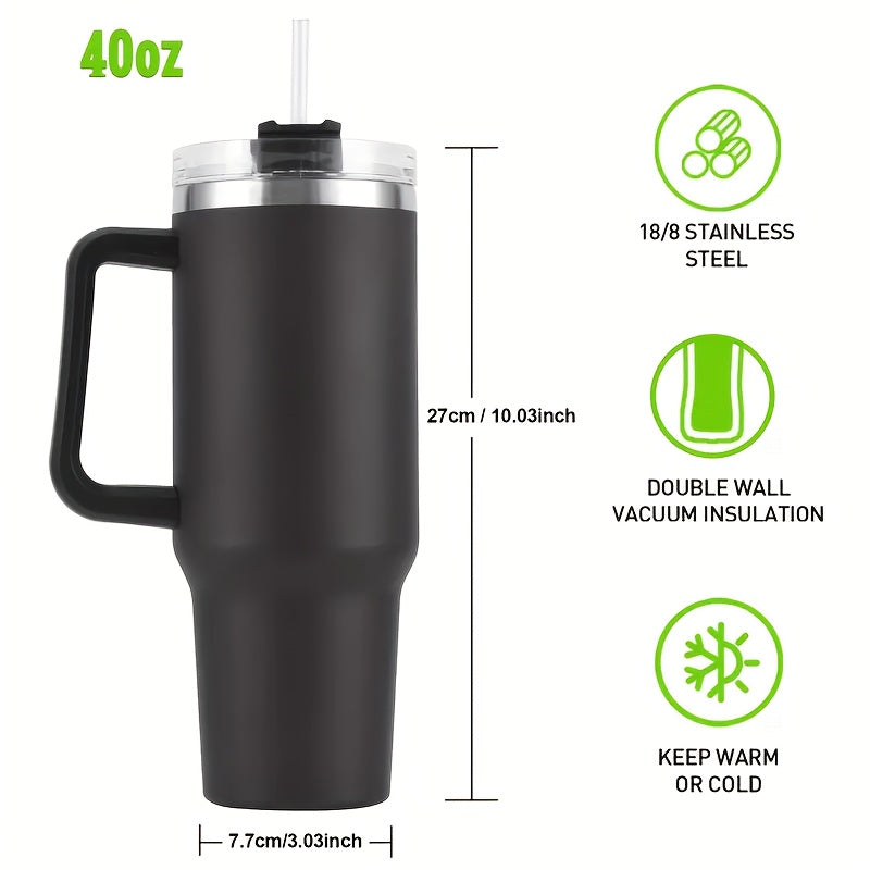 Double-Wall Vacuum 304 Stainless Steel Travel Cup, Leakproof & Rustproof, Hot & Cold Drinks, 15 Colors, Perfect Gift for Christmas, Travel & Outdoor | Insulated Tumbler 40oz with Handle & Straw Lid