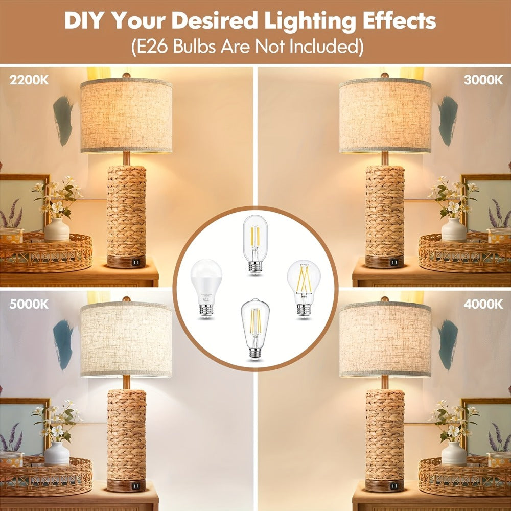 Rattan Table Lamp Set of 2 with USB Ports - 27 Inch Tall Woven Seagrass Bedside Nightstand Lamps for Living Room Bedroom End Table, Coastal Farmhouse Rustic Decor, E26 Socket Rotar - product image 7