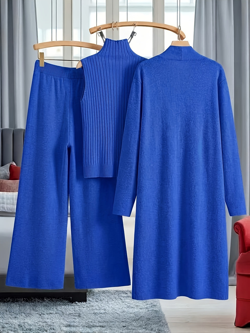 Genuine - Women's Autumn and Winter New Loose Set: Long Wide-Leg Pants + Shawl Cardigan + High-Collar Sweater Vest Fashion Three-Piece Set - product image 25