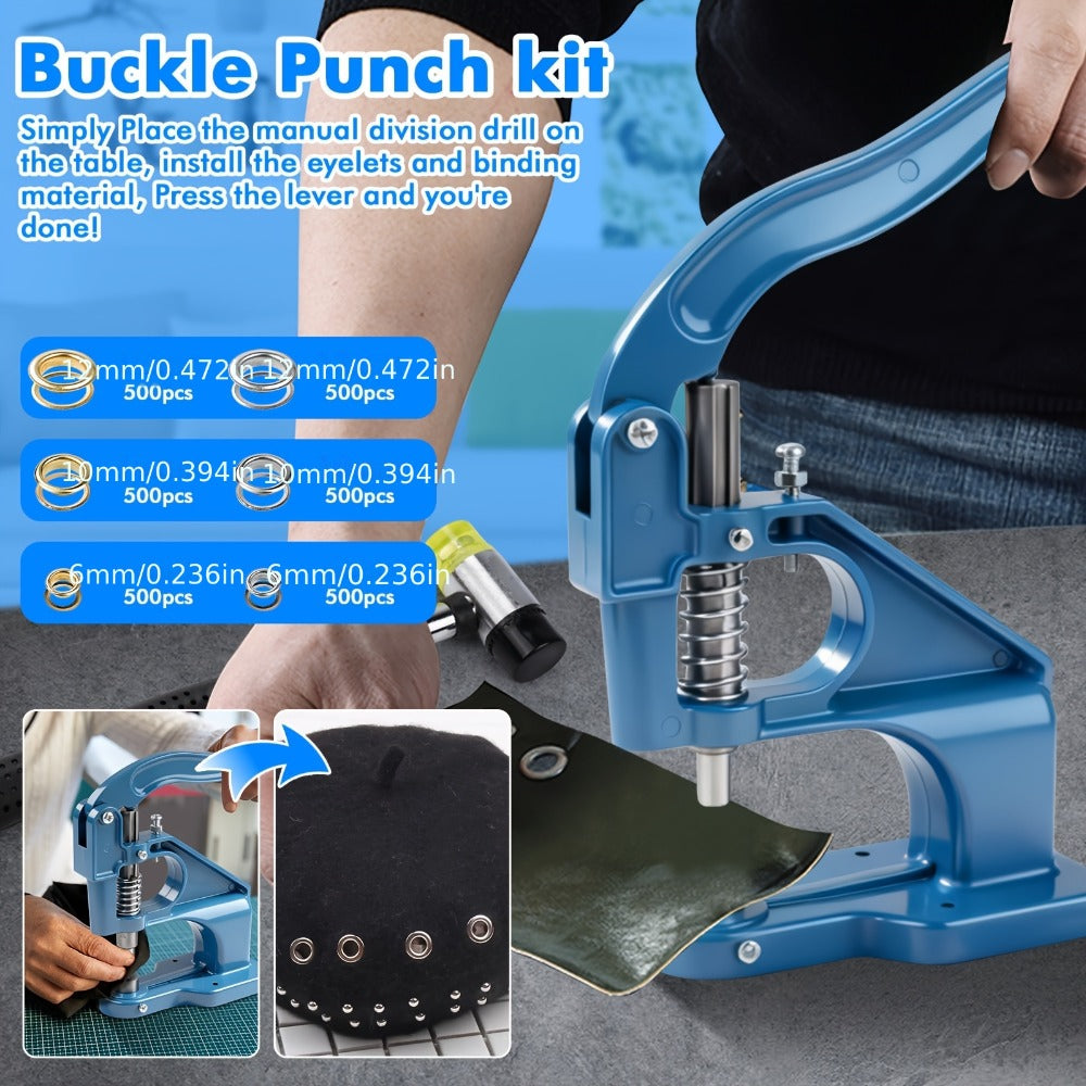 Grommet Machine Kit Heavy Duty Eyelet Punch Tool Set – 3 Setting Dies 3 Punching Dies 6mm 10mm 12mm Hand Press with 3000 Silver & Gold Grommets for Fabric Leather Canvas Tarp Craft - product image 2