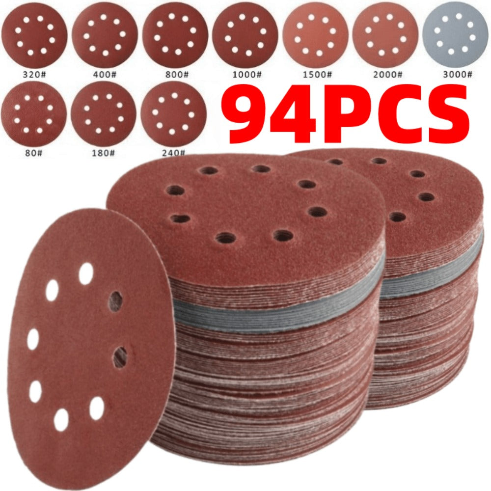 5 Inch Sandpaper 94 Pcs – 8-Hole Hook & Loop Sanding Discs, Assorted Grits 80/180/240/320/400/800/1000/1500/2000/3000, Aluminum Oxide Abrasive for Car Polishing, Wood, Metal & Pain - product image